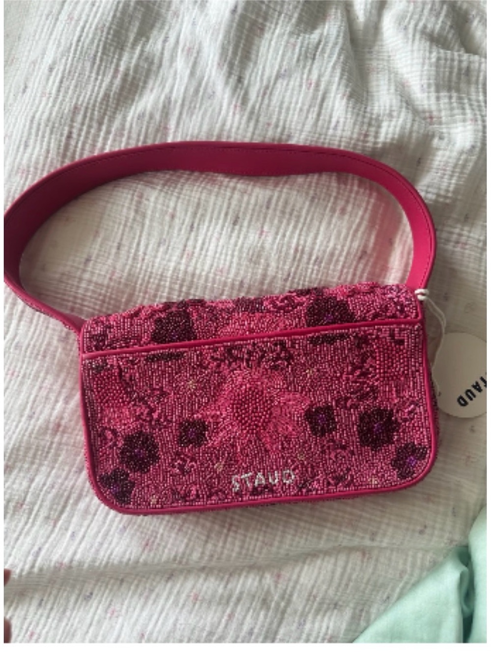 STAUD Pink Beaded Mini Shoulder Bag with Floral Accents